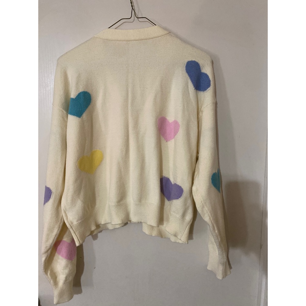 Pastel Heart Pearl Embellished Cream Cardigan Sweater V-Neck Button Front L-XL - Picture 5 of 8